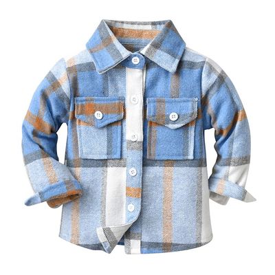 ODASDO Toddler Baby Boys Girls Flannel Plaid Shirt Shacket Jackets Casual Coat Kids Long Sleeve Lapel Button Down Pocketed Tartan Cardigan Tops Unisex Fall Winter Brushed Outwear Light Blue 9-10 Years