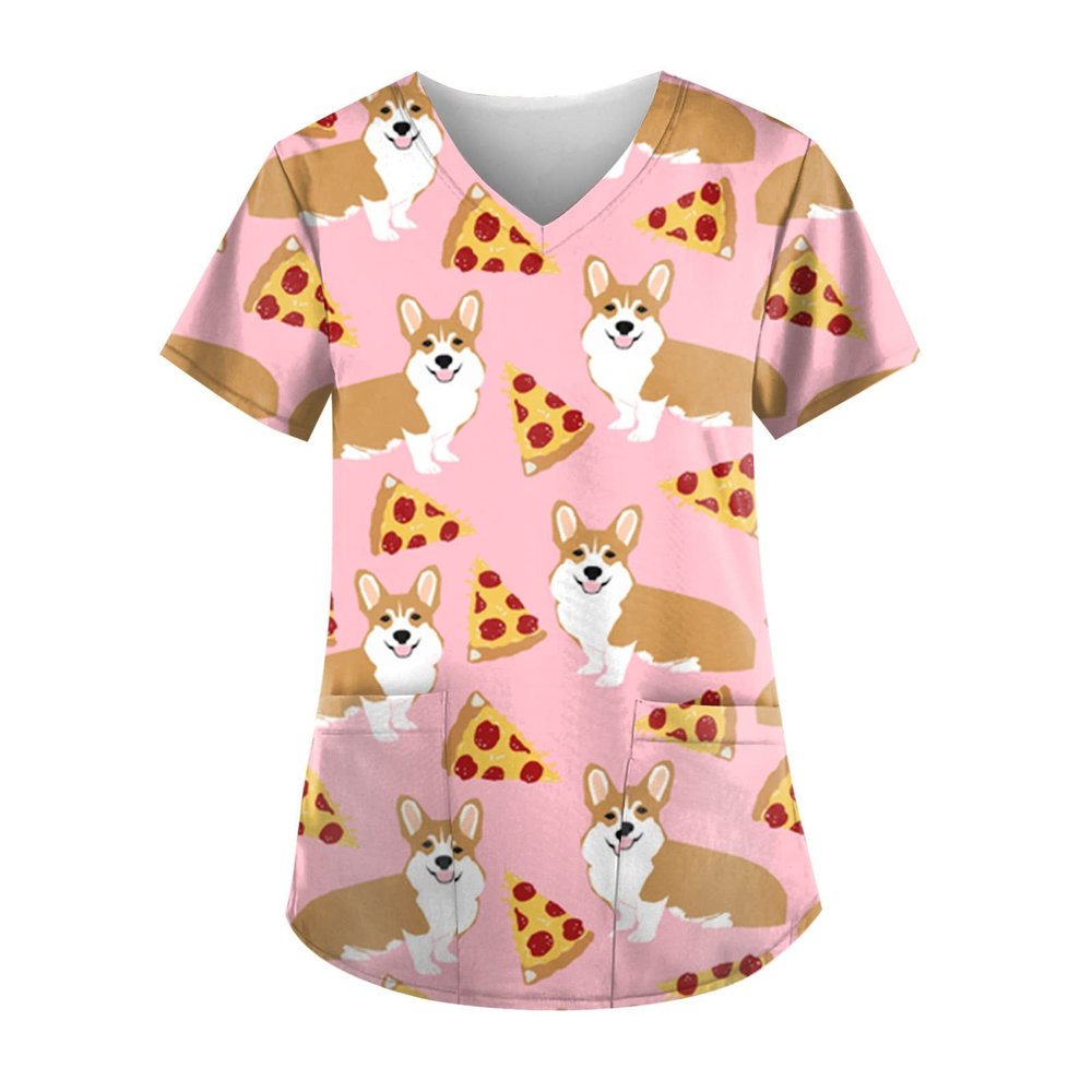 NBXNZWF Women's Animal Printed Scrub Tops Plus Size V-Neck T Shirts Workwear Nurse Uniform Tee with Pockets 01-pink