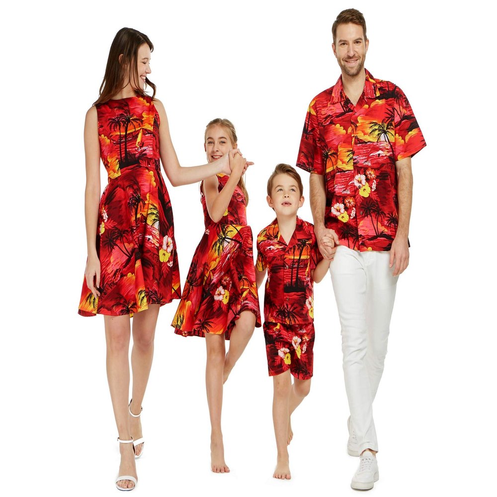 Matchable Family Hawaiian Luau Shirts, Sunset Red, Dog, Large