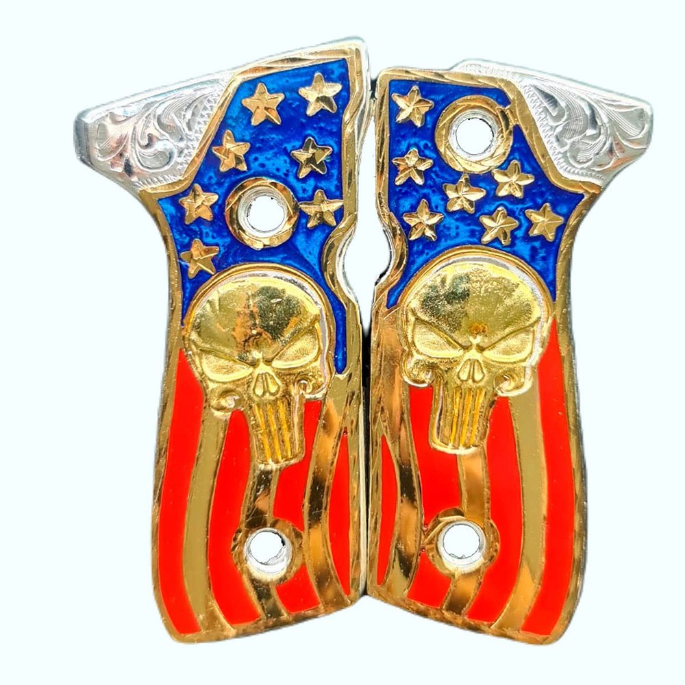 Grips for Beretta Gun Punisher USA Model with 24K Gold Plated, .925 Silver Plated and Blue, Red Resin Includes Screws