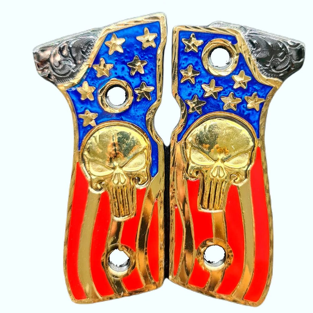 Grips for Beretta Gun Punisher USA Model with 24K Gold Plated, Black Nickel and Blue, Red Resin Includes Screws