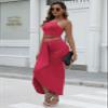 HUUSA Two Piece Skirt Set Sexy Maxi Dress for Women Date Night Plus Size Spaghetti Straps Sleeveless Crewneck High Split Asymetric Hem Pleated Knit Formal Long Dress Pink 3XL view 2