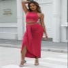 HUUSA Two Piece Skirt Set Sexy Maxi Dress for Women Date Night Plus Size Spaghetti Straps Sleeveless Crewneck High Split Asymetric Hem Pleated Knit Formal Long Dress Pink 3XL view 3