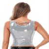 renvena Women Wetlook Skinny Crop Top Patent Leather Latex U Neck Sleeveless Zipper Vest Crop Tops Silver 4X-Large view 2