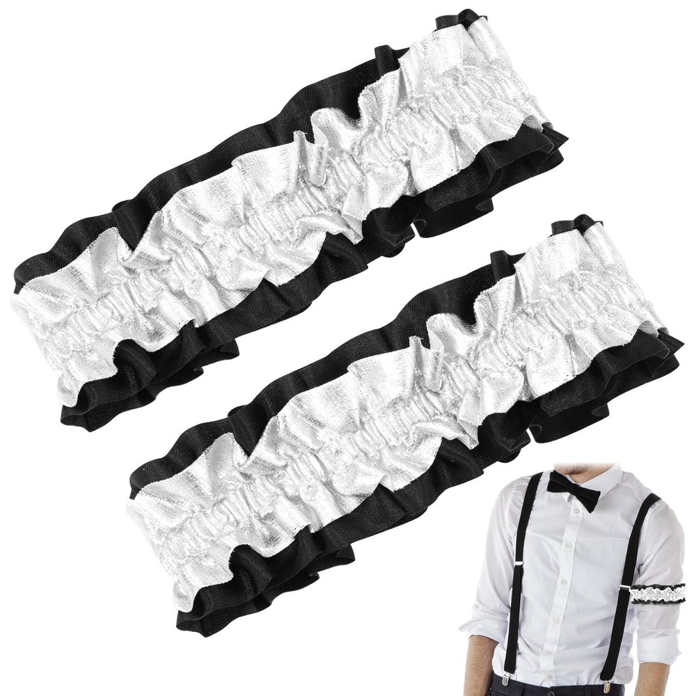 Jadive 2 Pcs Roaring 20s Armband Garter for Men Sleeve Shirt Costume Anti Slip Arm Holder Garter Belt for 1920s Party (Silver and Black)