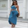 HUUSA Cute 2 Piece Brunch Romantic Outfits for Women Sexy Plus Size Ruched Split Skirt Sets Casual Sleeveless Shirt Cami Tops Teen Girls Plus Size Fall Maxi Dresses Light Blue XL view 2