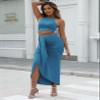 HUUSA Cute 2 Piece Brunch Romantic Outfits for Women Sexy Plus Size Ruched Split Skirt Sets Casual Sleeveless Shirt Cami Tops Teen Girls Plus Size Fall Maxi Dresses Light Blue XL view 3