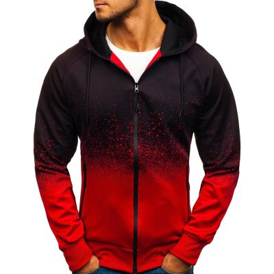 JEsilunmaMY Men's Print Gradient Hooded Jacket Zip Up Long Sleeve Casual Sweatshirt Spring Fall Lightweight Sportswear Hoodie (Red,X-Large)