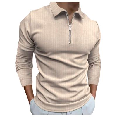 Mens Striped Plaid Long Sleeve Polo Shirts Slim Fit Casual Zipper Collar Golf Shirts Athletic Business Stylish T-Shirts C-Khaki