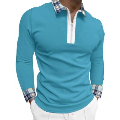 Mens Striped Plaid Long Sleeve Polo Shirts Slim Fit Casual Zipper Collar Golf Shirts Athletic Business Stylish T-Shirts