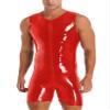 dPois Men's Wetlook PVC Leather Front Zipper One Piece Bodysuit Boxer Shorts Jumpsuits Clubwear Red Medium view 1