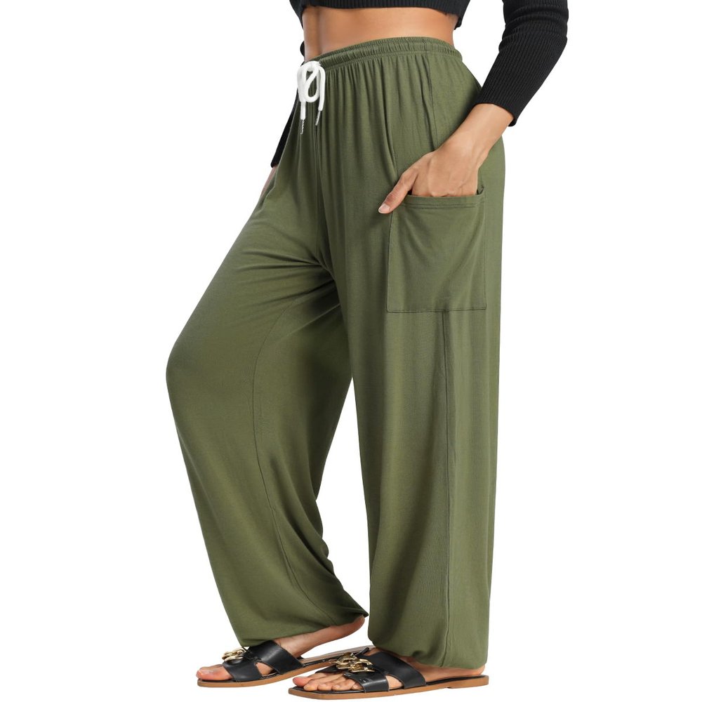 QIANXIZHAN Women's Harem Pants, Hippie Palazzo Pants Boho Joggers Yoga Clothes with Pockets Army Green L