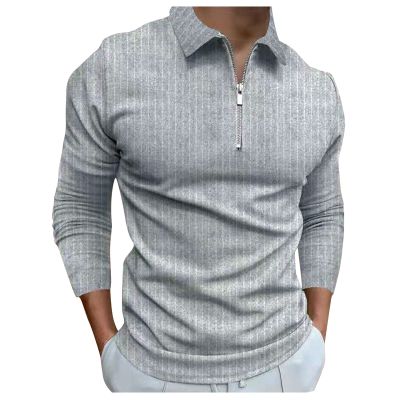 Mens Striped Plaid Long Sleeve Polo Shirts Slim Fit Casual Zipper Collar Golf Shirts Athletic Business Stylish T-Shirts C-Grey