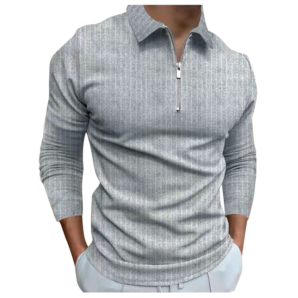 Mens Striped Plaid Long Sleeve Polo Shirts Slim Fit Casual Zipper Collar Golf Shirts Athletic Business Stylish T-Shirts C-Grey