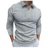Mens Striped Plaid Long Sleeve Polo Shirts Slim Fit Casual Zipper Collar Golf Shirts Athletic Business Stylish T-Shirts C-Grey view 1