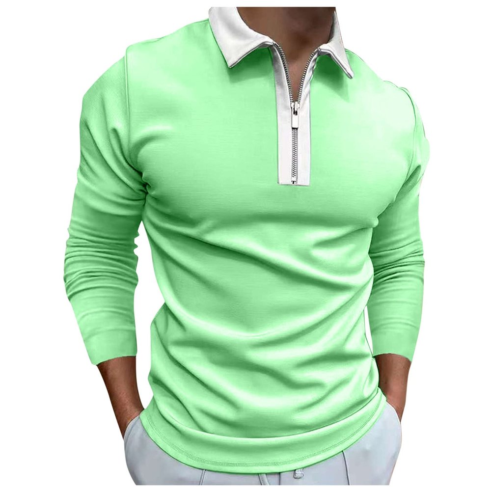 Mens Striped Plaid Long Sleeve Polo Shirts Slim Fit Casual Zipper Collar Golf Shirts Athletic Business Stylish T-Shirts H-Green