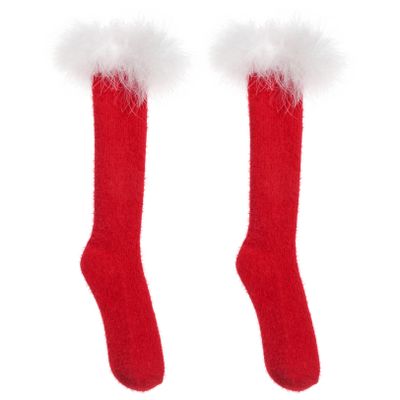 JEATHA Sweety Feather Trim Socks Frilly Lolita Knee High Stockings Fishnet Socks Dress Costume for Christmas Cosplay Party Type A Red One Size
