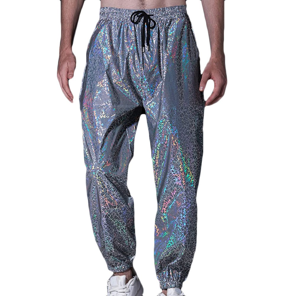 Ctreela Hip Hop Mens Reflective Jogger Pants Dance Party Fluorescent Trousers Nightclub Rap Fashion Tapered Leg Sweatpants White