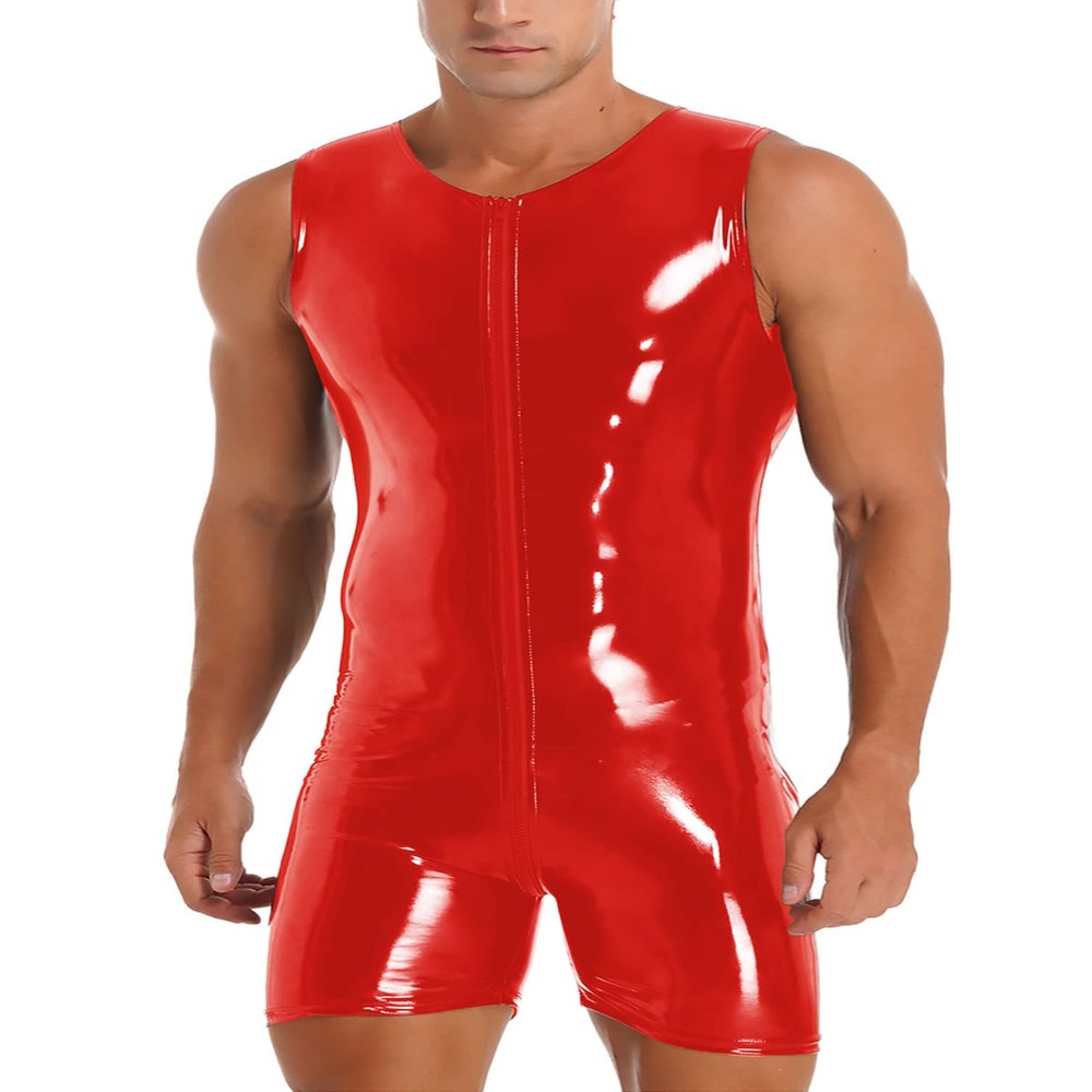 dPois Men's Wetlook PVC Leather Front Zipper One Piece Bodysuit Boxer Shorts Jumpsuits Clubwear Red XX-Large