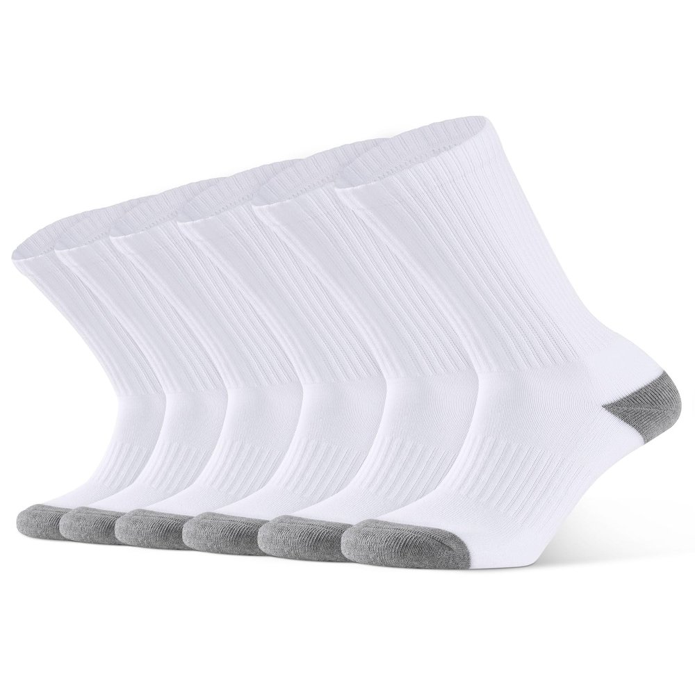 CLOSEMATE Mens Athletic Cushioned Crew Socks 6 Pairs Cotton Breathable for Work Training Sports(6White, Size XL)