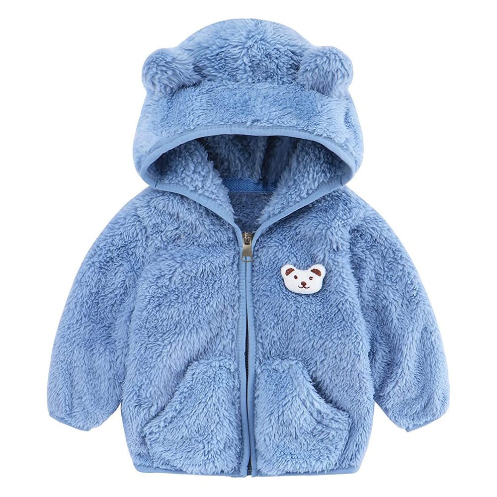 Newborn Infant Baby Girls Boys Jacket Bear Ears Hooded Outerwear Zipper Warm Fleece Winter Coat Toddler Coat (Blue, 0-6 Months)