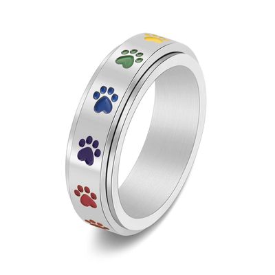 ANIEJUFI Stainless Steel Spinner Anxiety Ring Puppy Dog Paw Cat Footprints Rainbow Fidget Rings for Men Women Silver Size 10