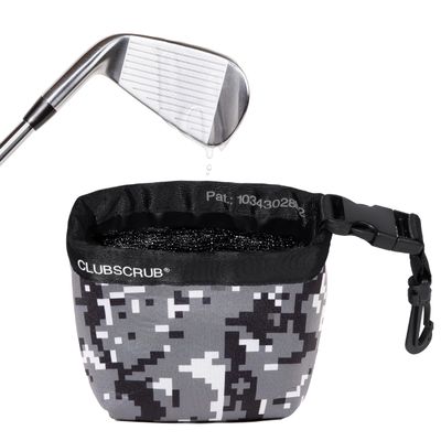 Club Scrub Golf Club and Golf Ball Cleaning Bag, Waterproof Clean Face Technology Liner, Perfectly Dry Neoprene Exterior, Detachable Clip, Machine Washable, Cleans Club Grooves, Gray Camo