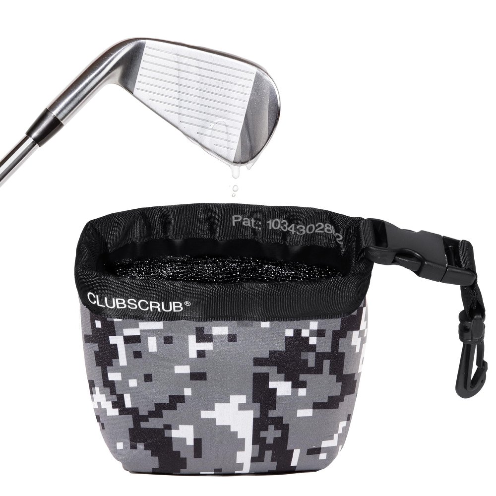 Club Scrub Golf Club and Golf Ball Cleaning Bag, Waterproof Clean Face Technology Liner, Perfectly Dry Neoprene Exterior, Detachable Clip, Machine Washable, Cleans Club Grooves, Gray Camo