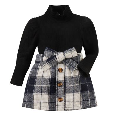Toddler Girls Long Sleeve Ribbed Knitted Turtleneck T Shirt Tops Plaid Prints Bow Tie Skirt Unisex (Black, 6-12 Months)