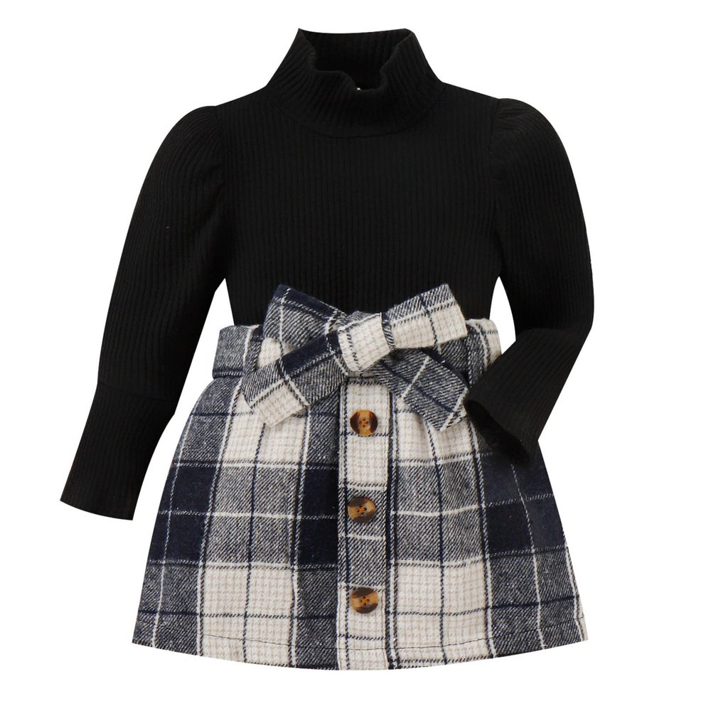 Toddler Girls Long Sleeve Ribbed Knitted Turtleneck T Shirt Tops Plaid Prints Bow Tie Skirt Unisex (Black, 6-12 Months)