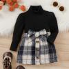 Toddler Girls Long Sleeve Ribbed Knitted Turtleneck T Shirt Tops Plaid Prints Bow Tie Skirt Unisex (Black, 6-12 Months) view 2