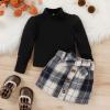 Toddler Girls Long Sleeve Ribbed Knitted Turtleneck T Shirt Tops Plaid Prints Bow Tie Skirt Unisex (Black, 6-12 Months) view 3