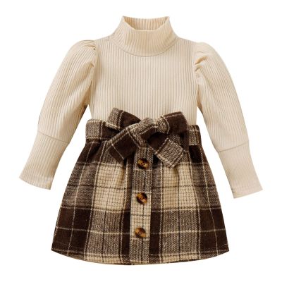 Toddler Girls Long Sleeve Ribbed Knitted Turtleneck T Shirt Tops Plaid Prints Bow Tie Skirt Unisex (A, 3-4 Years)