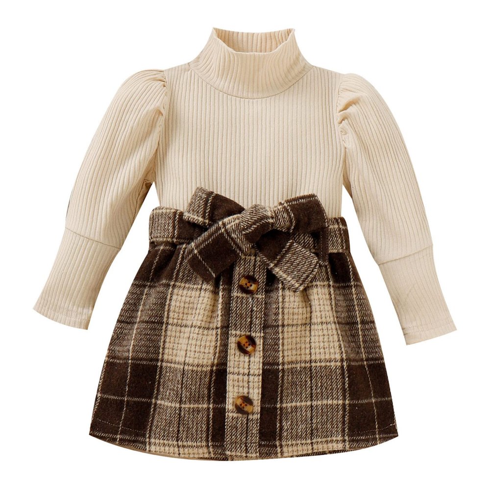 Toddler Girls Long Sleeve Ribbed Knitted Turtleneck T Shirt Tops Plaid Prints Bow Tie Skirt Unisex (A, 3-4 Years)