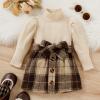 Toddler Girls Long Sleeve Ribbed Knitted Turtleneck T Shirt Tops Plaid Prints Bow Tie Skirt Unisex (A, 3-4 Years) view 2