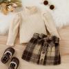 Toddler Girls Long Sleeve Ribbed Knitted Turtleneck T Shirt Tops Plaid Prints Bow Tie Skirt Unisex (A, 3-4 Years) view 3