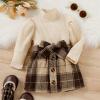 Toddler Girls Long Sleeve Ribbed Knitted Turtleneck T Shirt Tops Plaid Prints Bow Tie Skirt Unisex (A, 3-4 Years) view 4