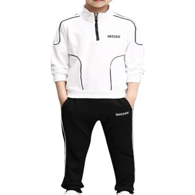 Hansber Kids Boys 2 Piece Tracksuit Sweatsuit Zip Up Turtleneck Long Sleeve Sweatshirt with Sweatpants Set White 10-11 Years