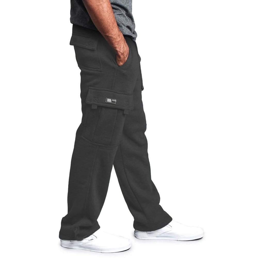 Men's Heavyweight Fleece Cargo Sweatpants Elastic Waist Drawstring Straight Leg Trousers Baggy Jogger Pants with Pockets