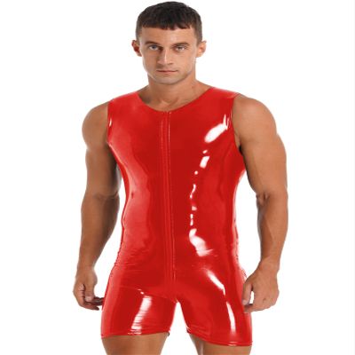 Zaldita Men's One Piece Wetlook Latex Catsuit Clubwear Party Costumes Fashion Zipper Bodycon Romper Red Medium