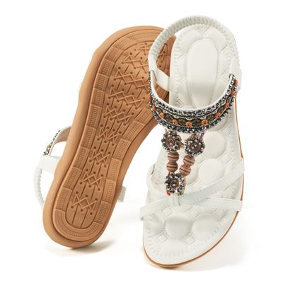 Alicegana Womens Sandals Dressy Summer: Comfortable Bohemian Flats Elastic Ankle Strap Walking Beach Shoes