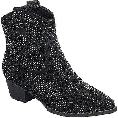 Forever Girls Rhinestone Cowboy Boots Kids Low Heel Dress Booties River-01K Black 3