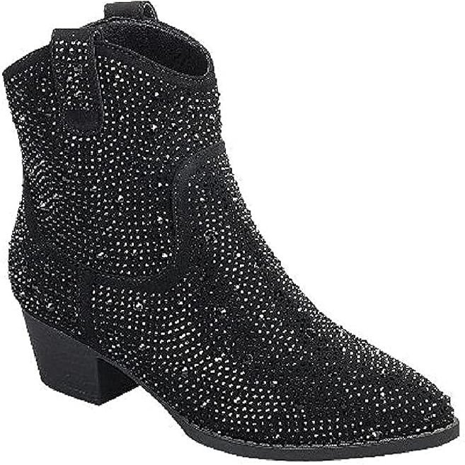 Forever Girls Rhinestone Cowboy Boots Kids Low Heel Dress Booties River-01K Black 3