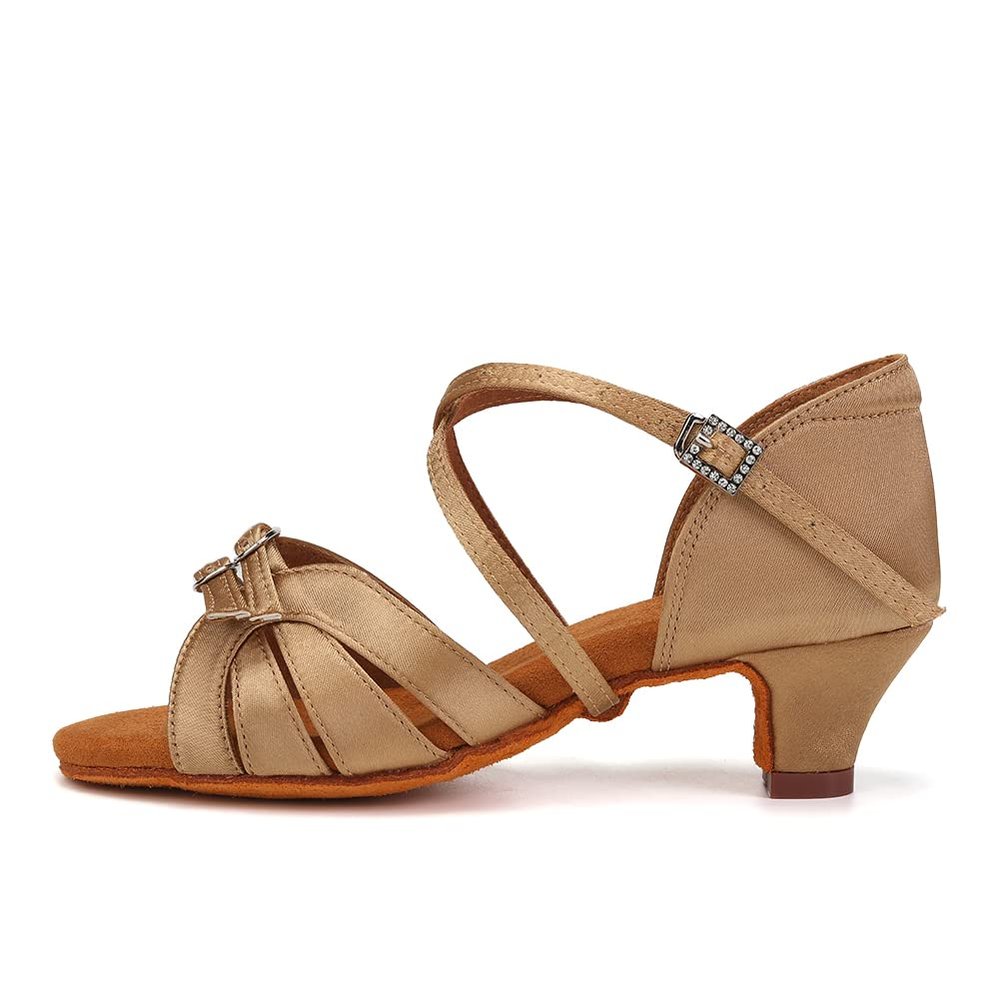 TINRYMX Girls&Women Latin Dance Shoes Silk Ballroom Salsa Tango Professional Performance Practice Dance Shoes, EMD28-DMXGG-DB-Beige-4,US 7.5