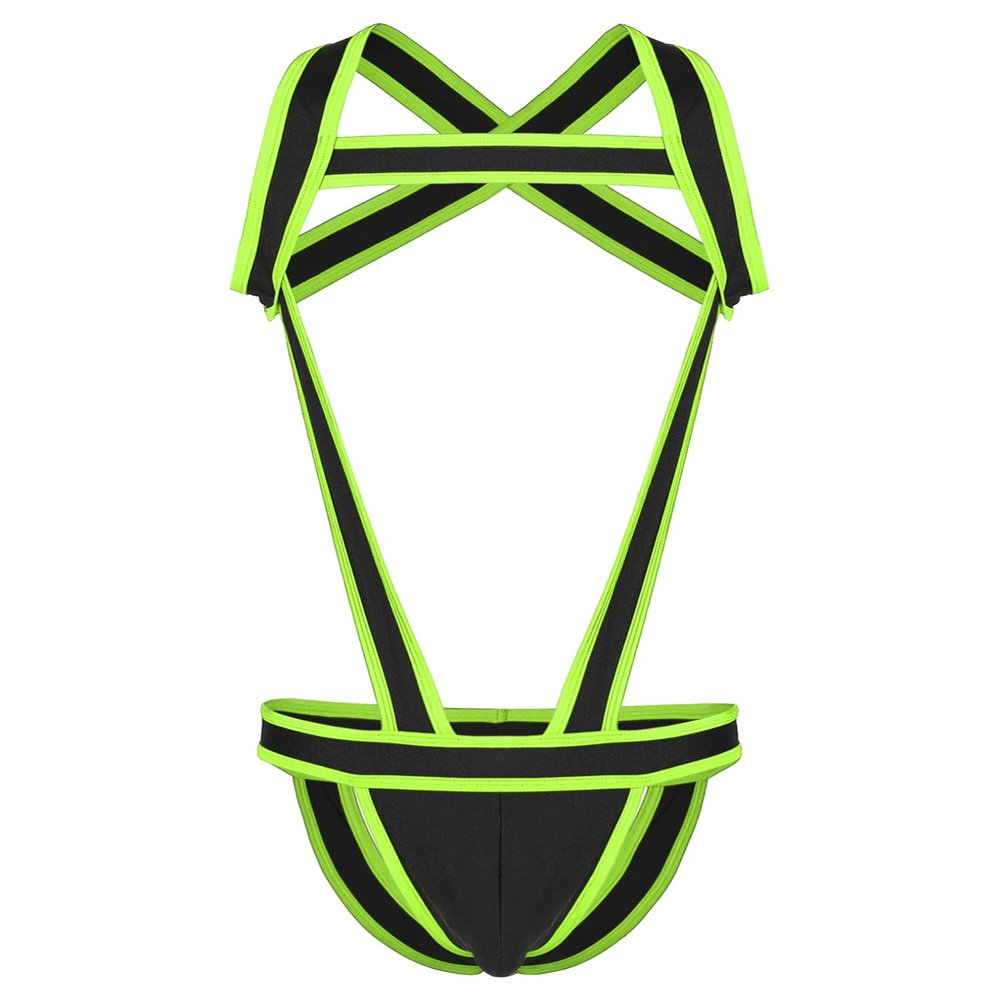 Freebily Men's Leotard Stretch Jumpsuits Bulge Pouch Jockstrap One-Piece Wrestling Singlet Bodysuit Green X-Large