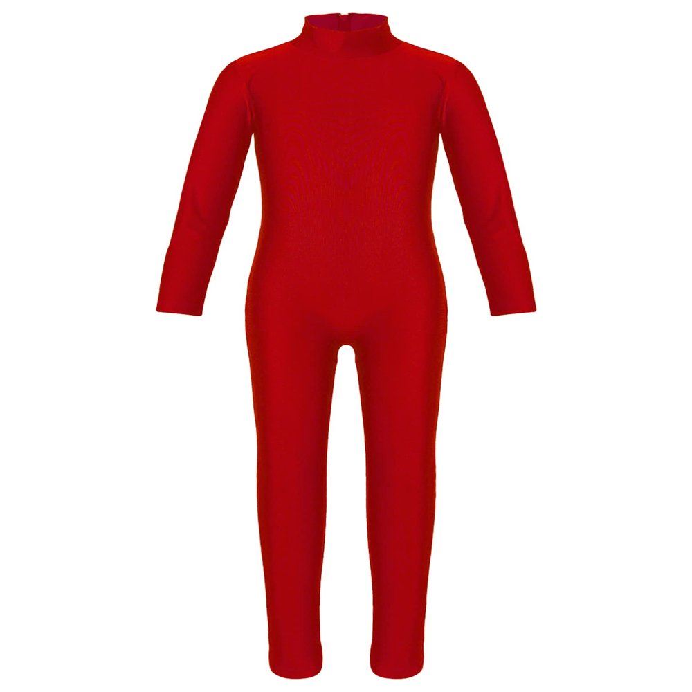 JEATHA Kids Girls Classic Long Sleeves Full Body Gymnastics Exercise Unitard Sports Leotard Bodysuit Costumes Red 4-5