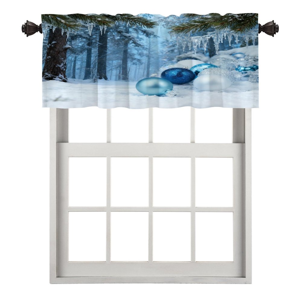 BaoNews Blue White Ball Kitchen Valances for Windows,Merry Christmas Snow Colorful Baubles Blackout Valances Curtains Multilayer Polyester Drapes for Kitchen Bedroom 1 Pack 52X18 Inches