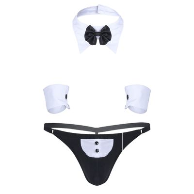 YOOJIA 3pcs Men's Waiter Cosplay Costume G-String Briefs with Collar Bracelets Tuxedo Waiter Server Lingerie Black 3X-Large