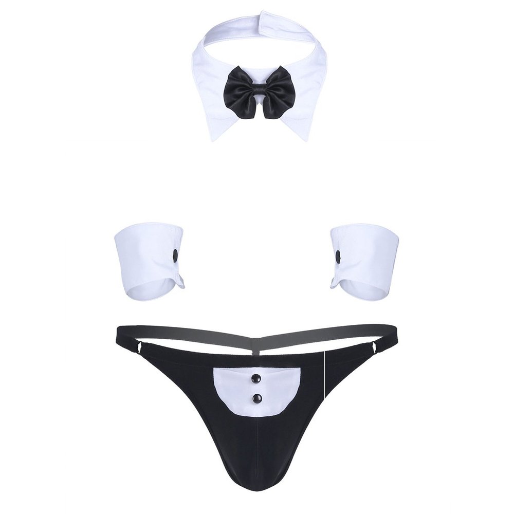 YOOJIA 3pcs Men's Waiter Cosplay Costume G-String Briefs with Collar Bracelets Tuxedo Waiter Server Lingerie Black 3X-Large