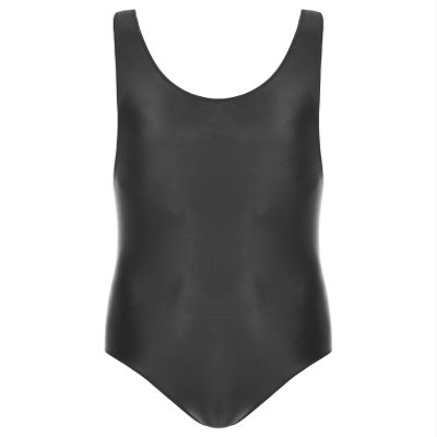 LiiYii Men's High Elastic Fitness Shiny Oil Glossy Silky Bodysuit Slim Sleeveless Jumpsuits Romper Black X-Large